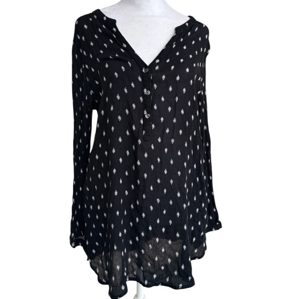Old Navy The Tunic Shirt Black White Geometric Diamond Ikat Boho Long Sleeve L